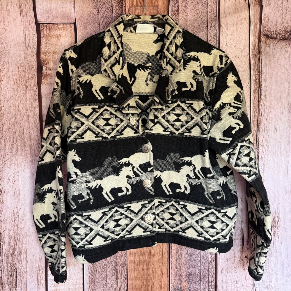 Chico's Design Jacket Southwestern Horse Cotton Vintage Western Cowgirl‎ Size 1